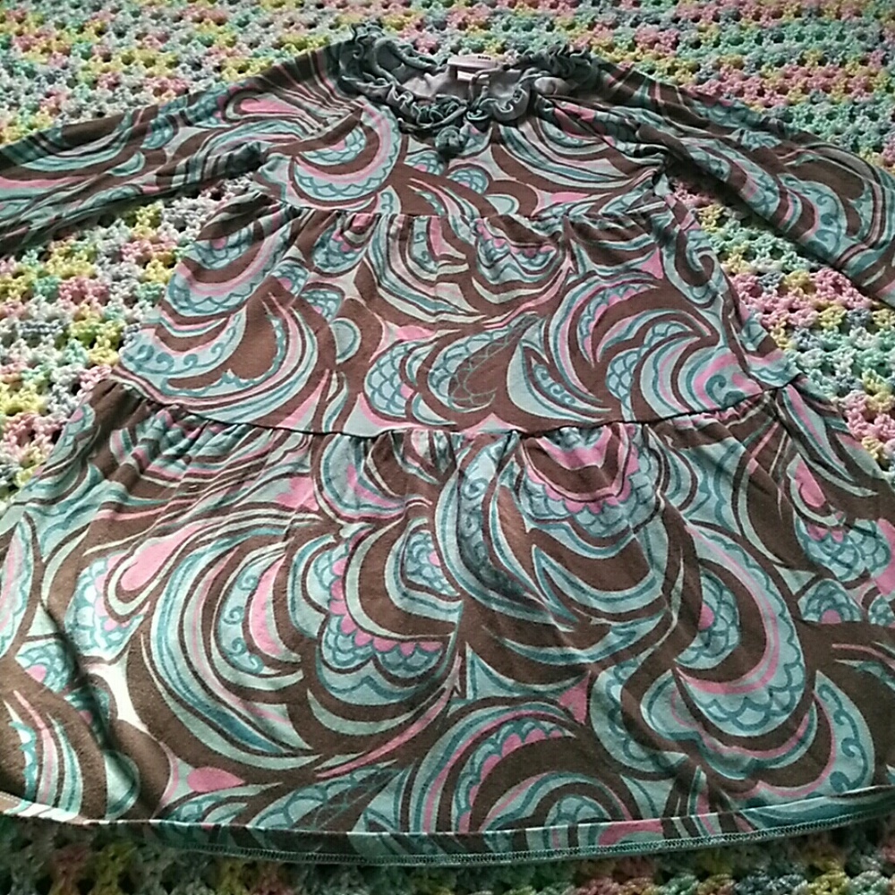 👗 Long sleeve Brown, blue and pink dress